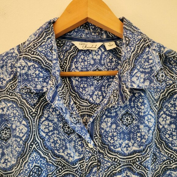 Caffe Marrakesh Blue/White Paisley Sleeveless Tunic Button Tank Top Women L Chic - Picture 6 of 14